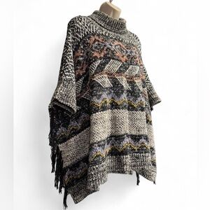 Anthropologie Pilcro Fringe Poncho Sweater XS/S Boho Aztec Oversized Turtleneck
